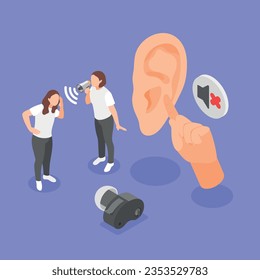 Deaf problems violet background with hearing aid and young girl screaming by megaphone to her girlfriend having problems with hearing isometric vector illustration