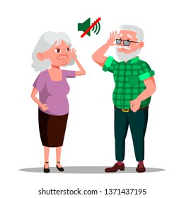 Deaf Senior Man And Woman Vector Cartoon Characters. Mute, Elderly Couple, Old People Suffering From Deafness Isolated Design Element. Grandmother And Grandfather Trying To Hear Flat Illustration