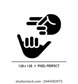 Deaf sign language black glyph icon. Nonverbal communication. Hearing loss community service. Deaf asl learning. Silhouette symbol on white space. Solid pictogram. Vector isolated illustration