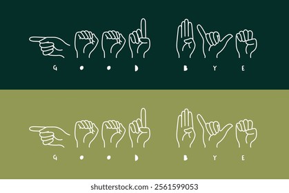 Deaf sign language Goodbye pictogram or symbol. Hand line pattern with cartoon fingerprint icon. Represents deafness and hand gestures