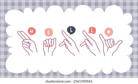 Deaf sign language HELLO for World Hello Day on November 21. Cartoon icon with banner speech bubbles in sign languages. Greeting, saluting, and promoting deafness awareness