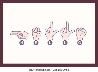 Deaf sign language HELLO for World Hello Day on November 21. Cartoon icon with banner speech bubbles in sign languages. Greeting, saluting, and promoting deafness awareness