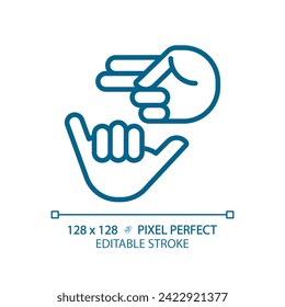 Deaf sign language light blue icon. Nonverbal communication. Hearing loss service. Deaf asl learning. RGB color sign. Simple design. Web symbol. Contour line. Flat illustration. Isolated object