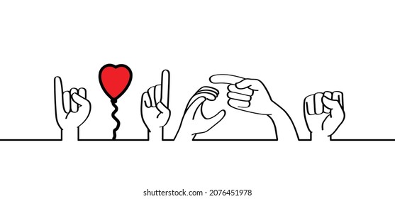 Deaf sign language, i love dogs with love heart. Gestures hand, hands symbol. Deafness. Vector dog pictogram