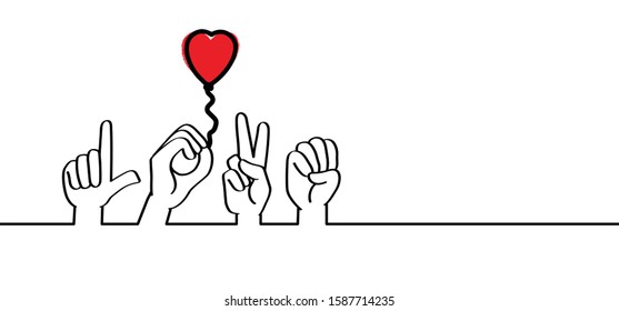 Deaf sign language. Love heart month or happy singles day. 14 february, valentine, valentines day. Fun vector icon or pictogram. Global love day. Hearts symbol. Deafness cartoon. Gestures hand, vibes 