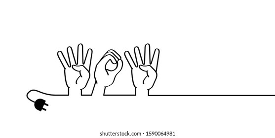 Deaf sign language page not found, 404 error. Offline, online or unplugged, unplug or no network connection. Vector icon or pictogram. Website under construction. Gesture hand. Deafness cartoon.