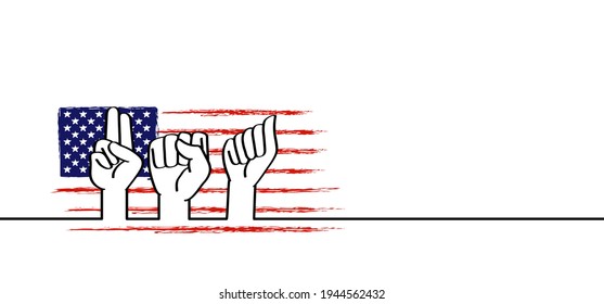 Deaf sign language, slogan USA. gestures hand, fingerspelling. Flat vector America quote. Gesture hand. Deafness cartoon.