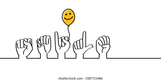 Deaf sign language SMILE symbol, smiling Smiles emoij drawing line pattern. Vector icon or pictogram. Emotion, emoticons face.Happy Happiness and World Smile day. Gestures hand. Deafness cartoon.