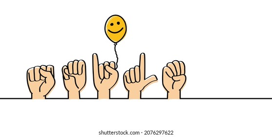 Deaf sign language SMILE symbol, smiling Smiles emoij drawing line pattern. Vector icon or pictogram. Emotion, emoticons face.Happy Happiness and World Smile day. Gestures hand. Deafness cartoon.