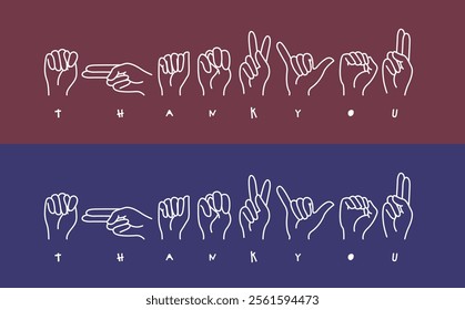 Deaf sign language Thank You pictogram or symbol. Hand line pattern with cartoon fingerprint icon. Represents deafness and hand gestures