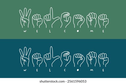 Deaf sign language Welcome pictogram or symbol. Hand line pattern with cartoon fingerprint icon. Represents deafness and hand gestures