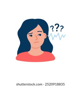 Mujer sorda, problemas de audición o pérdida de la audición, tinnitus. La chica escucha un sonido indistinto. Comuníquese con un otorrinolaringólogo para obtener ayuda y tratamiento. Ilustración vectorial