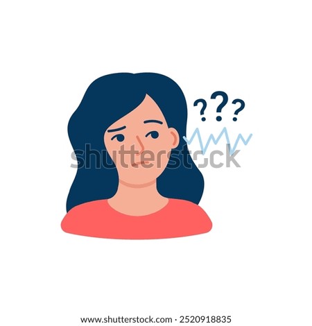 Deaf woman, hearing problem or loss hear, tinnitus. Girl listens to an indistinct sound. Contacting an otolaryngologist for help and treatment. Vector illustration