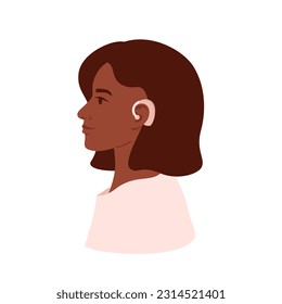 Deaf woman profile portrait. Young black female with hearing aid. Person has health problems and using medical gadget in ear. Vector isolated illustration with character. 