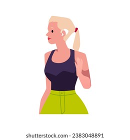 Deaf young blonde woman with hearing aid. Vector isolated illustration with character with hearing aid device inserted into ear. Person has health problems and using medical gadget in ear