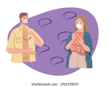 a deaf-mute guy and a girl in masks speak sign language, communication of people in a mask. flat vector illustration