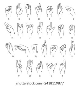 Deaf-mute language alphabet. Learning sign language hand gestures continuous one line educational vector illustration set of language alphabet communication