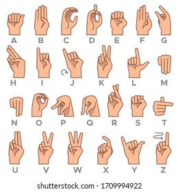 Deaf-mute language. American deaf mute hand gesture alphabet letters, asl vector alphabetical symbols