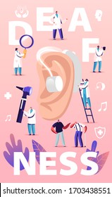 Deafness Concept. Deaf People with Hear Problems Visiting Doctor Audiologist for Ears Treatment. Senior Disabled Characters Using Hearing Aid, Medical Poster Banner Flyer Cartoon Vector Illustration