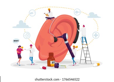 Deafness Concept. Deaf People with Hear Problems Visiting Doctor Audiologist for Ears Treatment. Tiny Characters around of Huge Ear Using Hearing Aid, Medical Appointment. Cartoon Vector Illustration