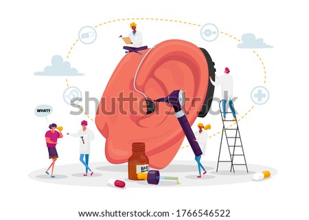 Deafness Concept. Deaf People with Hear Problems Visiting Doctor Audiologist for Ears Treatment. Tiny Characters around of Huge Ear Using Hearing Aid, Medical Appointment. Cartoon Vector Illustration
