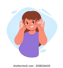 Deafness concept.The little girl smiles and holds her hand near her ear. The child listening intently.Vector flat illustration.