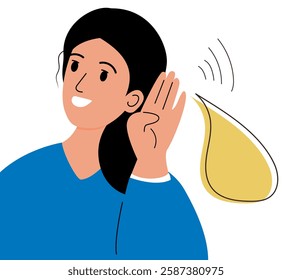 Deafness concept. Woman holds his hand near her ear. Woman listening or hearing intently. Vector illustration.