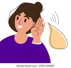 Deafness concept. Woman holds his hand near her ear. Woman listening or hearing intently. Vector illustration.