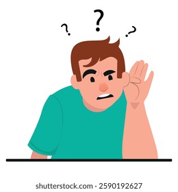 deafness concept, young man with hard of hearing holding his hand close to his ear. vector illustration.