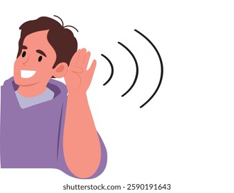 deafness concept, young man smiles holding his hand close to his ear. vector illustration.