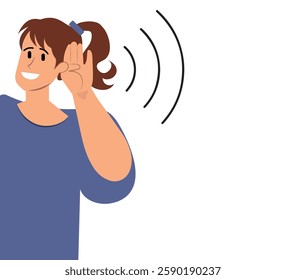 deafness concept, young woman smiles holding her hand close to her ear. vector illustration.