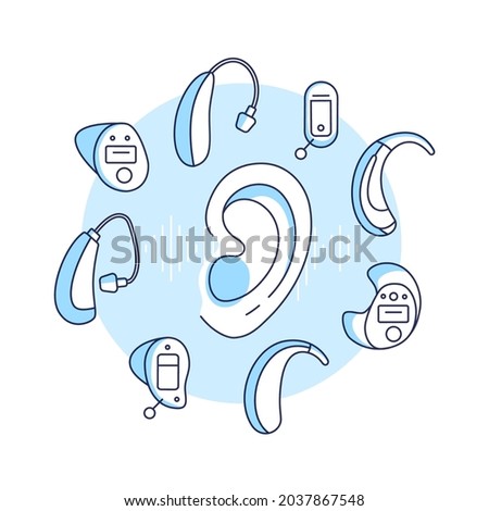 Deafness concept.Choosing a hearing aid for deaf people.Different types of hearing aids by size, type.Linear vector illustration of human ear and icons in flat style.Design for banner,ads and websites