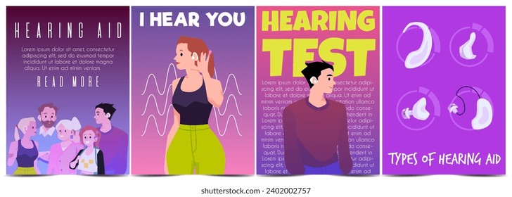 Deafness and hearing impairments concept of banners or posters with people using hearing aid devices, flat vector illustration. Deafness test and hearing test posters.