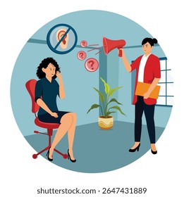 Surdez e conceito de perda auditiva. Duas mulheres em um escritório, uma sentada e a outra em pé, interagindo usando um megafone, porque uma colega de trabalho está com problemas para ouvir.