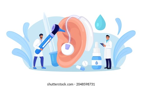 Deafness, Hearing Loss. Doctors Check Health of Ear, Hearing organ.  Deaf Patient with Hear Problem Visit Doctor Audiologist for Treatment. Medical examination, Test of Ears. Big Ear with Hearing Aid