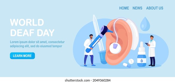 Deafness, Hearing Loss. Doctors Check Health of Ear, Hearing organ.  Deaf Patient with Hear Problem Visit Doctor Audiologist for Treatment. Medical examination, Test of Ears. Big Ear with Hearing Aid