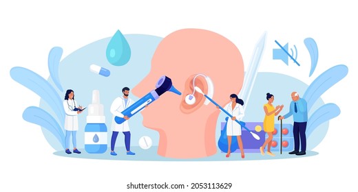 Deafness, Hearing Loss. Doctors Check Health Of Ear, Hearing Organ.  Deaf Patient With Hear Problem Visit Doctor Audiologist For Treatment. Medical Examination, Test Of Ears. Big Ear With Hearing Aid