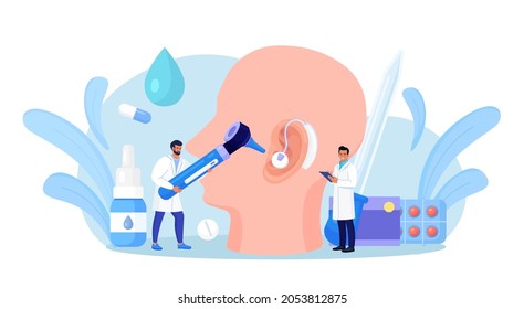 Deafness, Hearing Loss. Doctors Check Health Of Ear, Hearing Organ.  Deaf Patient With Hear Problem Visit Doctor Audiologist For Treatment. Medical Examination, Test Of Ears. Big Ear With Hearing Aid