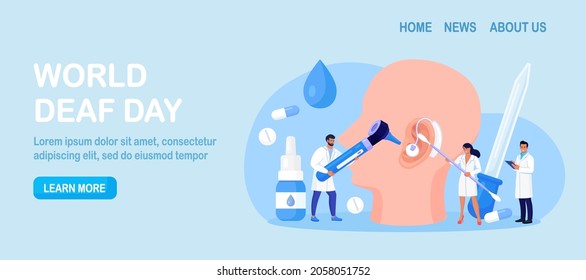 Deafness, Hearing Loss. Doctors Check Health of Ear, Hearing organ.  Deaf Patient with Hear Problem Visit Doctor Audiologist for Treatment. Medical examination, Test of Ears. Big Ear with Hearing Aid