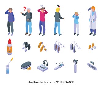 Deafness icons set isometric vector. Hearing aid. Deaf child