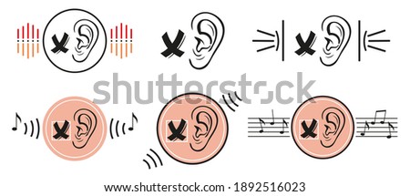 Deafness lack of hearing icon set. No sound. Human ear does not hear, silence. Impairment of sensory perception. Concept disability and aid deaf. Health care sign.  Contour flat vector illustration.