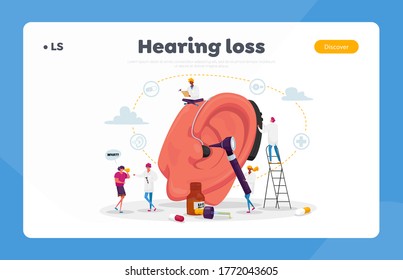 Deafness Landing Page Template. Deaf People with Hear Problems Visiting Doctor Audiologist for Ears Treatment. Tiny Characters around of Huge Ear Using Hearing Aid. Cartoon Vector Illustration