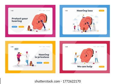 Deafness Landing Page Template Set. Deaf People with Hear Problems Visiting Doctor Audiologist for Ears Treatment. Tiny Characters around of Huge Ear Using Hearing Aid. Cartoon Vector Illustration