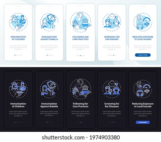 Deafness prevention onboarding mobile app page screen with concepts. Vaccination walkthrough 5 steps graphic instructions. UI, UX, GUI vector template with linear night and day mode illustrations