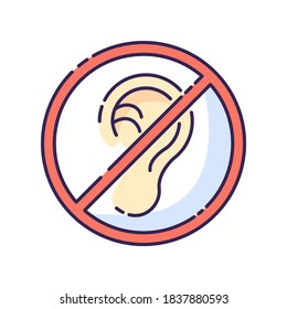 Deafness RGB color icon. Impaired hearing. Difficulty with communication. Deaf person. Health care problem. Loss of hearing. Medical condition. Avoid noise. Isolated vector illustration