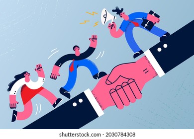 Deal, Agreement and business cooperation concept. Group of young business partners running over huge handshake after successful negotiations meaning collaboration and teamwork vector illustration