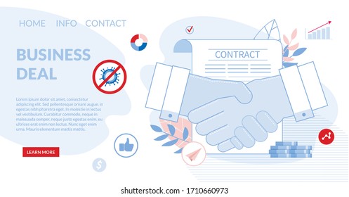 Deal Agreement and Cooperation. Businessman Shaking Hands over Signed Contract paper Document Design. Successful Business, Partnership, Investment, Startup after Covid19 Pandemic. Landing Page