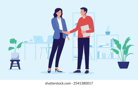 Apretón de manos de trato y Acuerdo: dos hombres de negocios profesionales, hombre y mujer, estrechando las manos en el entorno de trabajo de oficina mientras sonríen y son amigables. Ilustración de stock de Vector de diseño plano