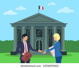 Acuerdo entre representantes de los sectores público y privado. Hombre y mujer estrechando la mano frente al gobierno francés construyendo ilustración vectorial. Economía, gobierno, asociación, concepto de inversión