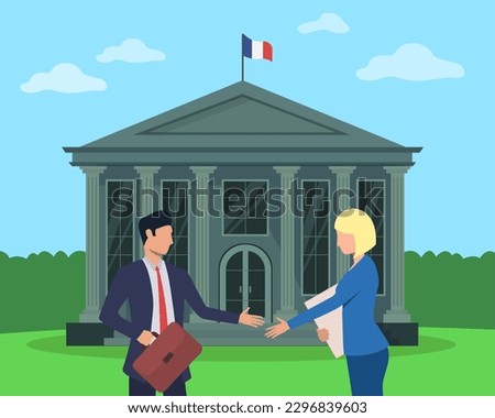 Deal between representatives of public and private sectors. Man and woman shaking hands in front of French government building vector illustration. Economy, government, partnership, investment concept